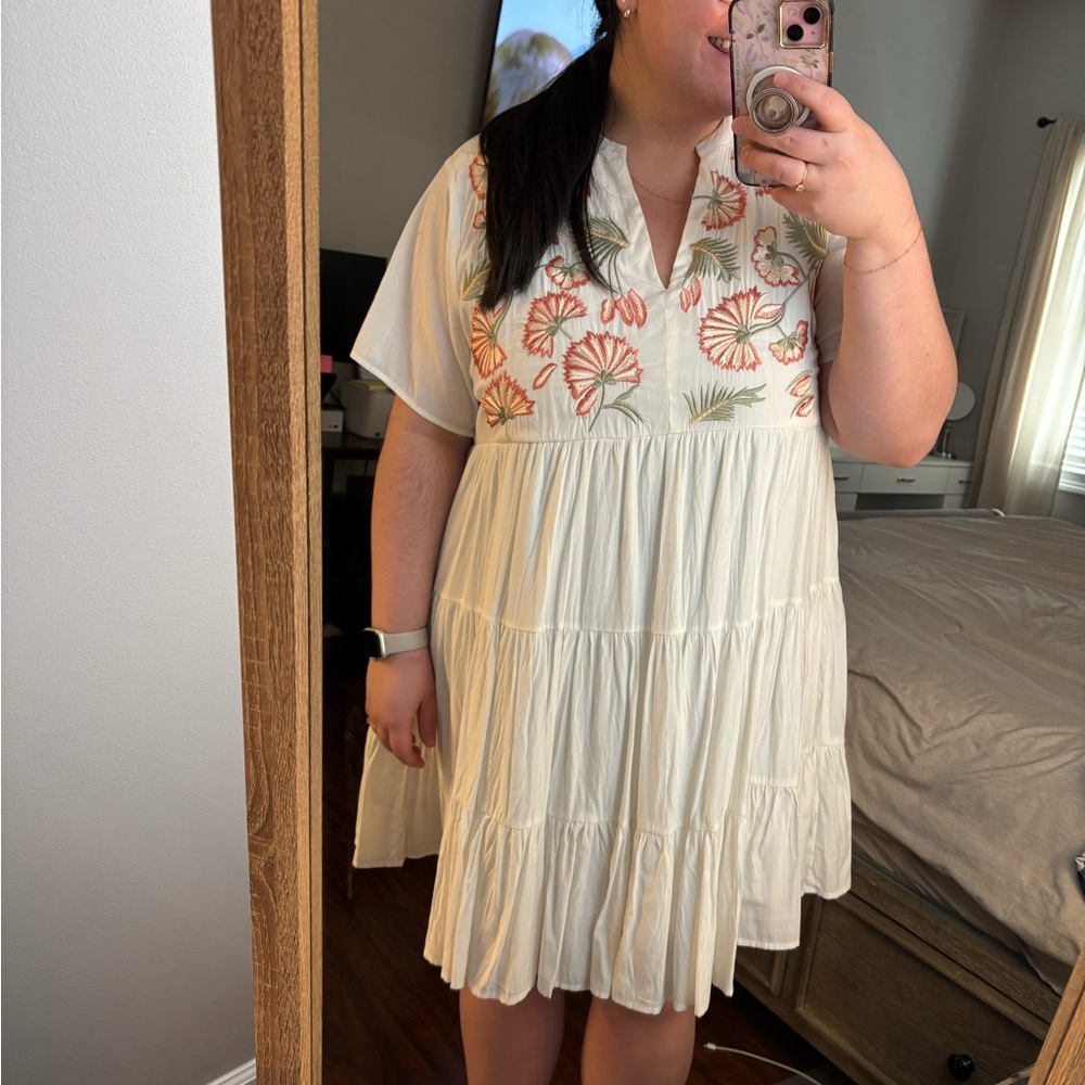 Plus Size White and Floral Embroidered Dress
